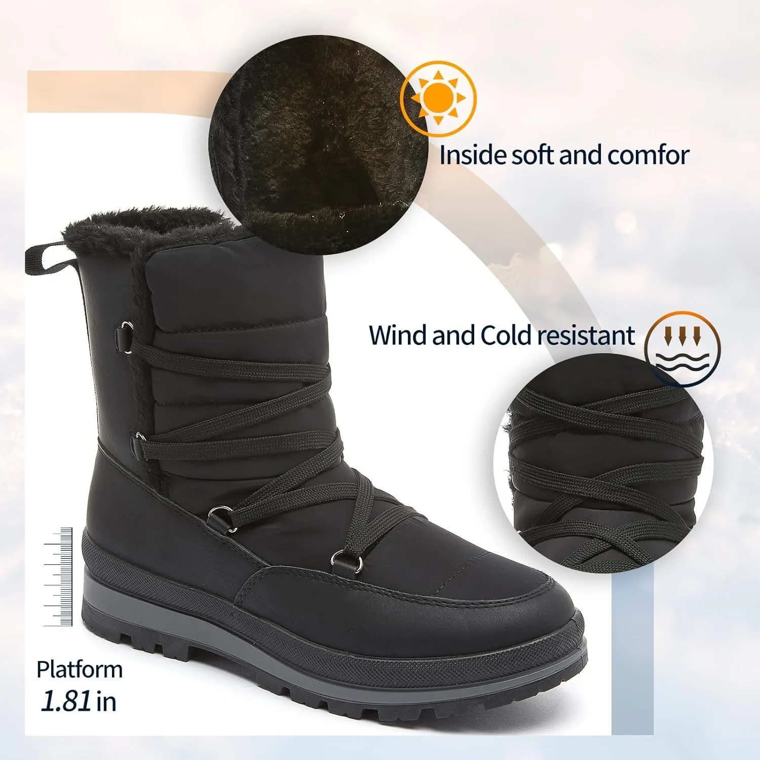 Rominz Women's Winter Snow Boots - Waterproof Black Fur Lined Warm Mid Calf Non-Slip Ankle Boots - White Lace-Up Platform