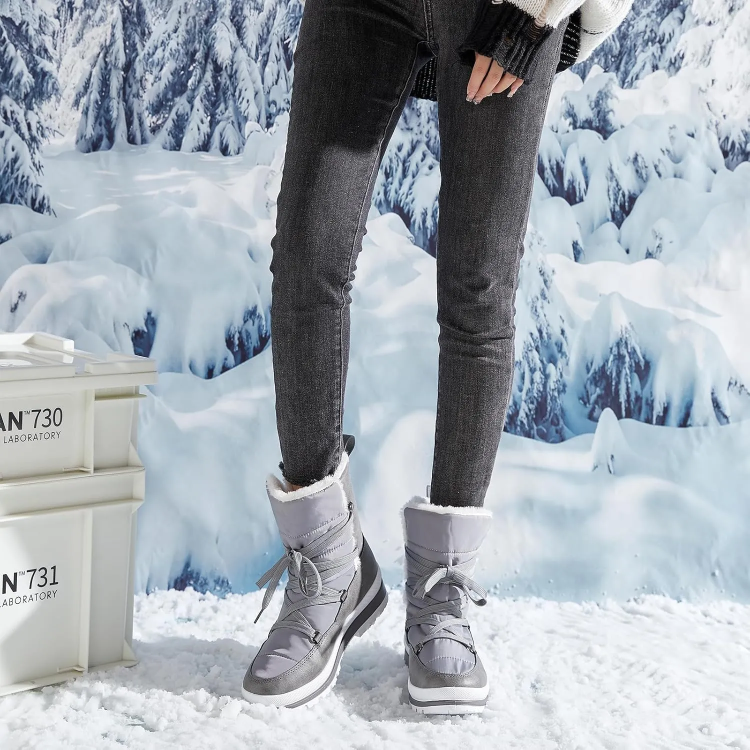 Rominz Women's Winter Snow Boots - Waterproof Black Fur Lined Warm Mid Calf Non-Slip Ankle Boots - White Lace-Up Platform