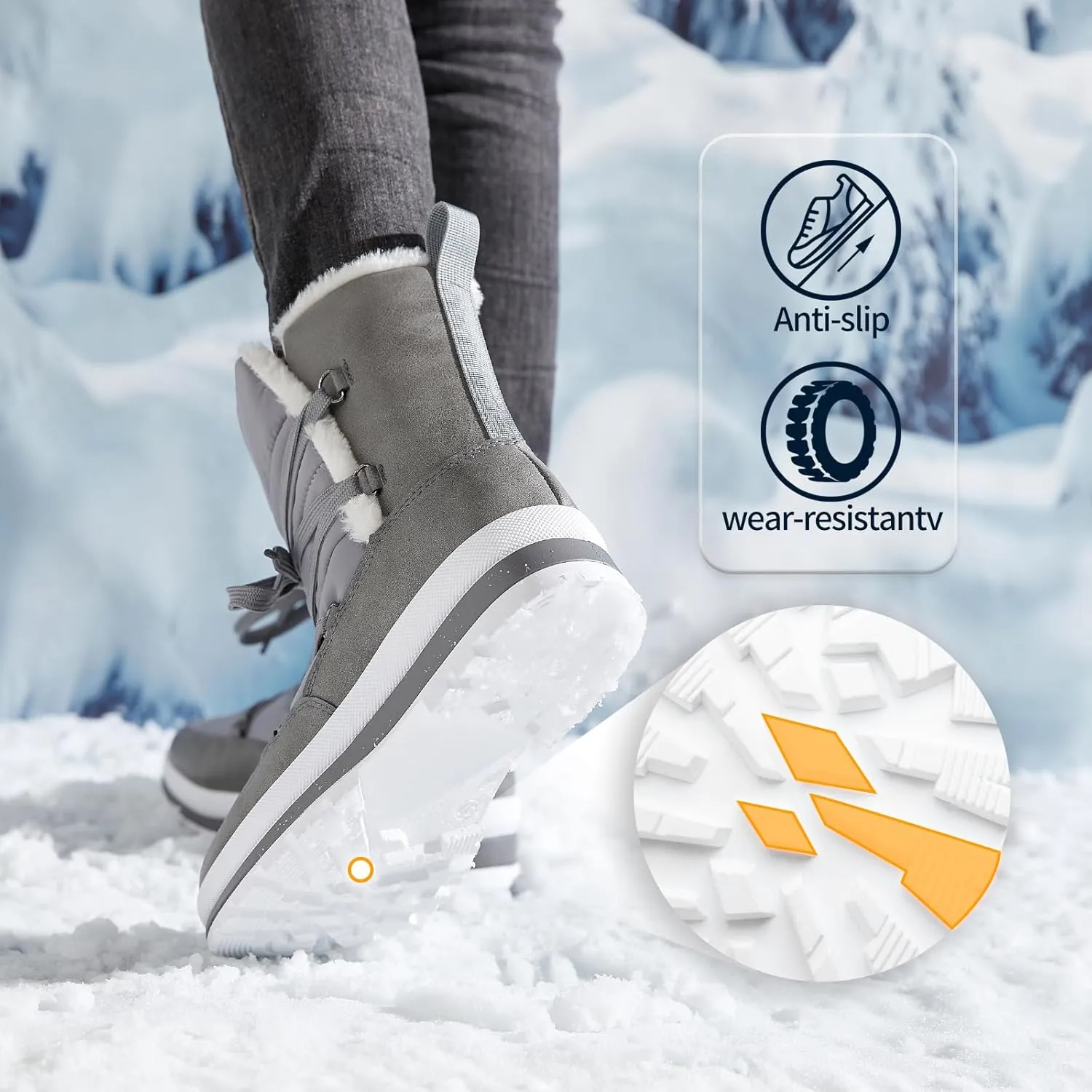 Rominz Women's Winter Snow Boots - Waterproof Black Fur Lined Warm Mid Calf Non-Slip Ankle Boots - White Lace-Up Platform