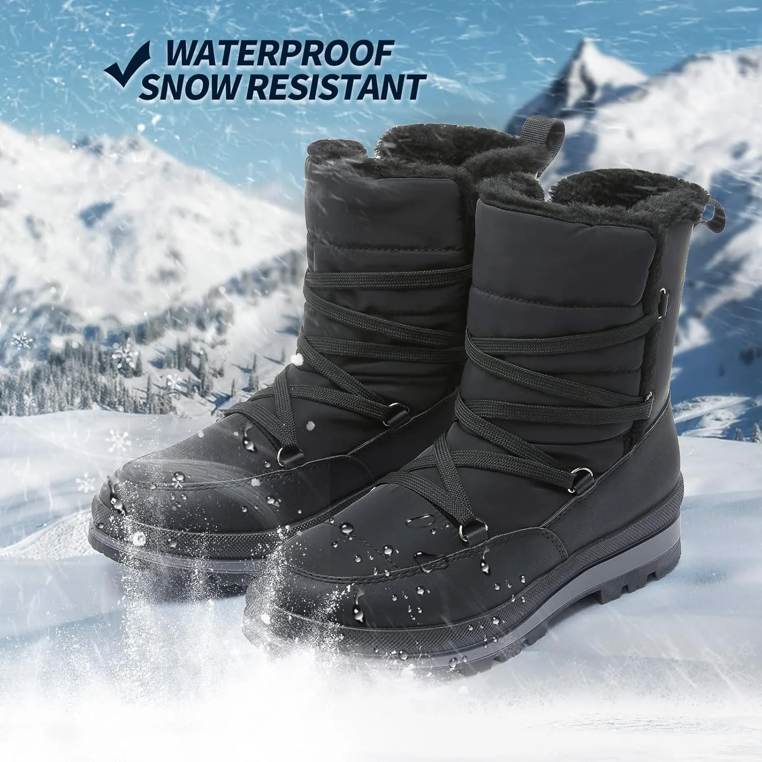Rominz Women's Winter Snow Boots - Waterproof Black Fur Lined Warm Mid Calf Non-Slip Ankle Boots - White Lace-Up Platform