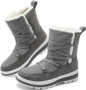 Rominz Women's Winter Snow Boots - Waterproof Black Fur Lined Warm Mid Calf Non-Slip Ankle Boots - White Lace-Up Platform