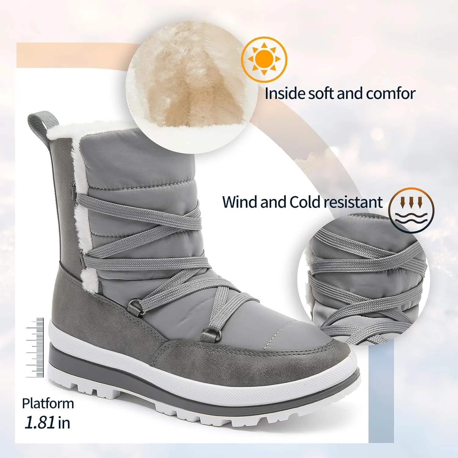 Rominz Women's Winter Snow Boots - Waterproof Black Fur Lined Warm Mid Calf Non-Slip Ankle Boots - White Lace-Up Platform