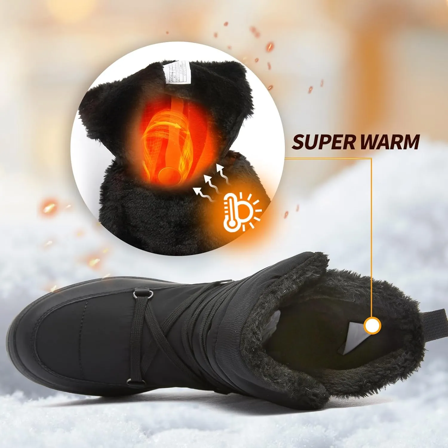 Rominz Women's Winter Snow Boots - Waterproof Black Fur Lined Warm Mid Calf Non-Slip Ankle Boots - White Lace-Up Platform