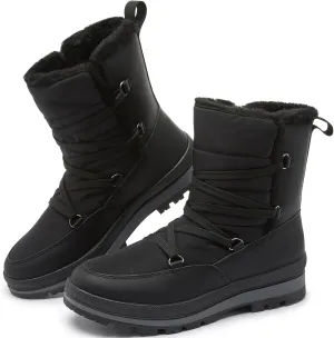 Rominz Women's Winter Snow Boots - Waterproof Black Fur Lined Warm Mid Calf Non-Slip Ankle Boots - White Lace-Up Platform
