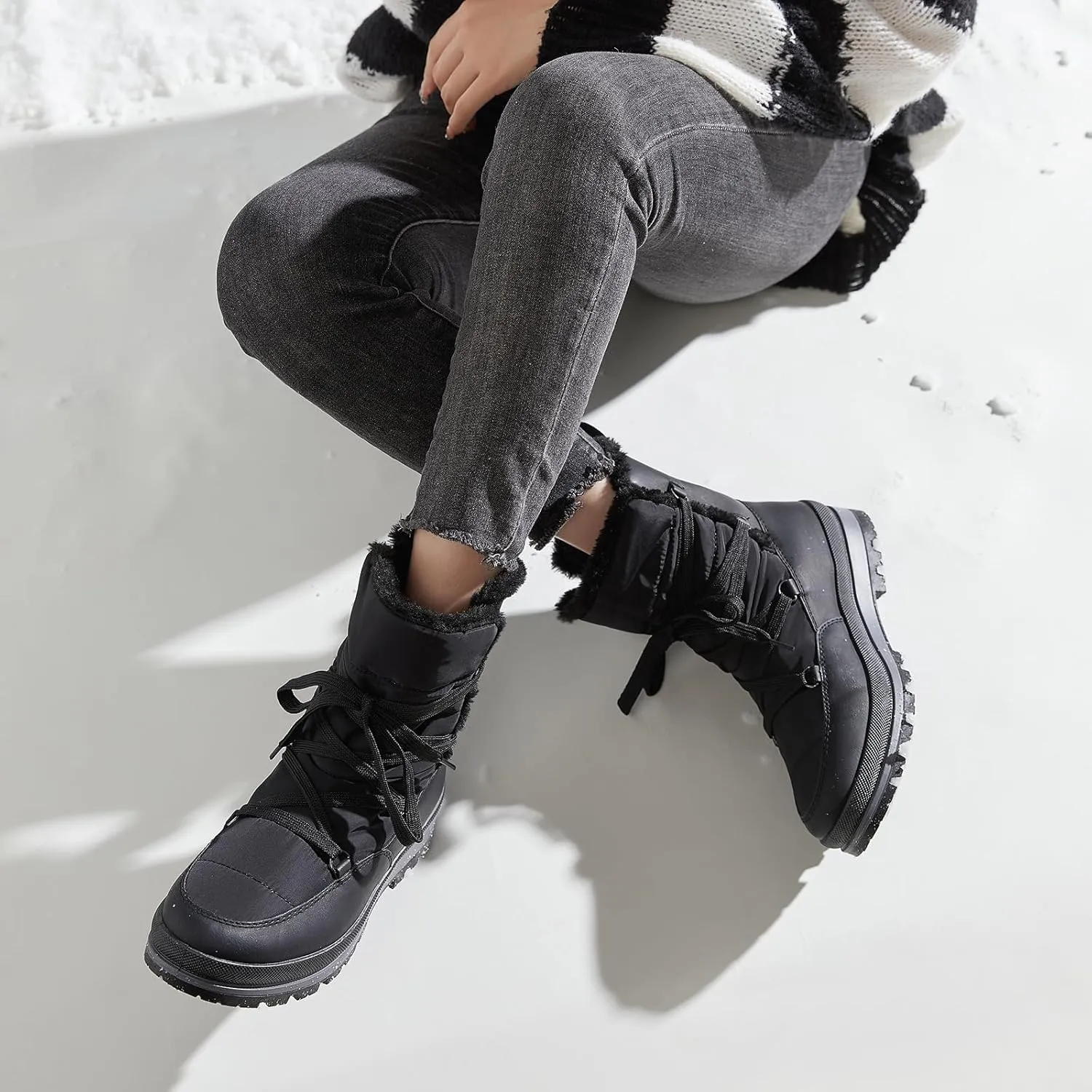 Rominz Women's Winter Snow Boots - Waterproof Black Fur Lined Warm Mid Calf Non-Slip Ankle Boots - White Lace-Up Platform