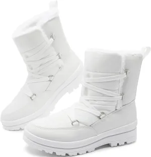 Rominz Women's Winter Snow Boots - Waterproof Black Fur Lined Warm Mid Calf Non-Slip Ankle Boots - White Lace-Up Platform