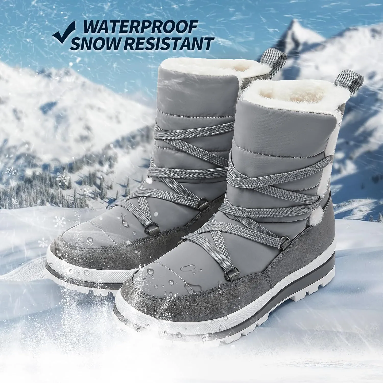 Rominz Women's Winter Snow Boots - Waterproof Black Fur Lined Warm Mid Calf Non-Slip Ankle Boots - White Lace-Up Platform
