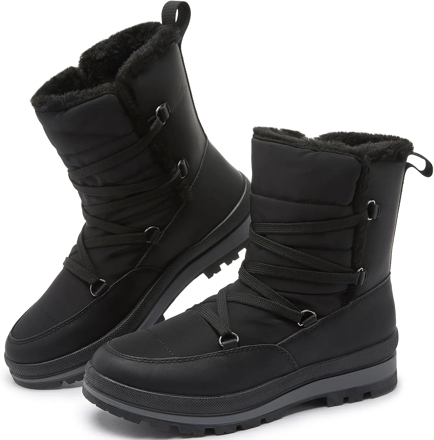 Rominz Women's Winter Snow Boots - Waterproof Black Fur Lined Warm Mid Calf Non-Slip Ankle Boots - White Lace-Up Platform
