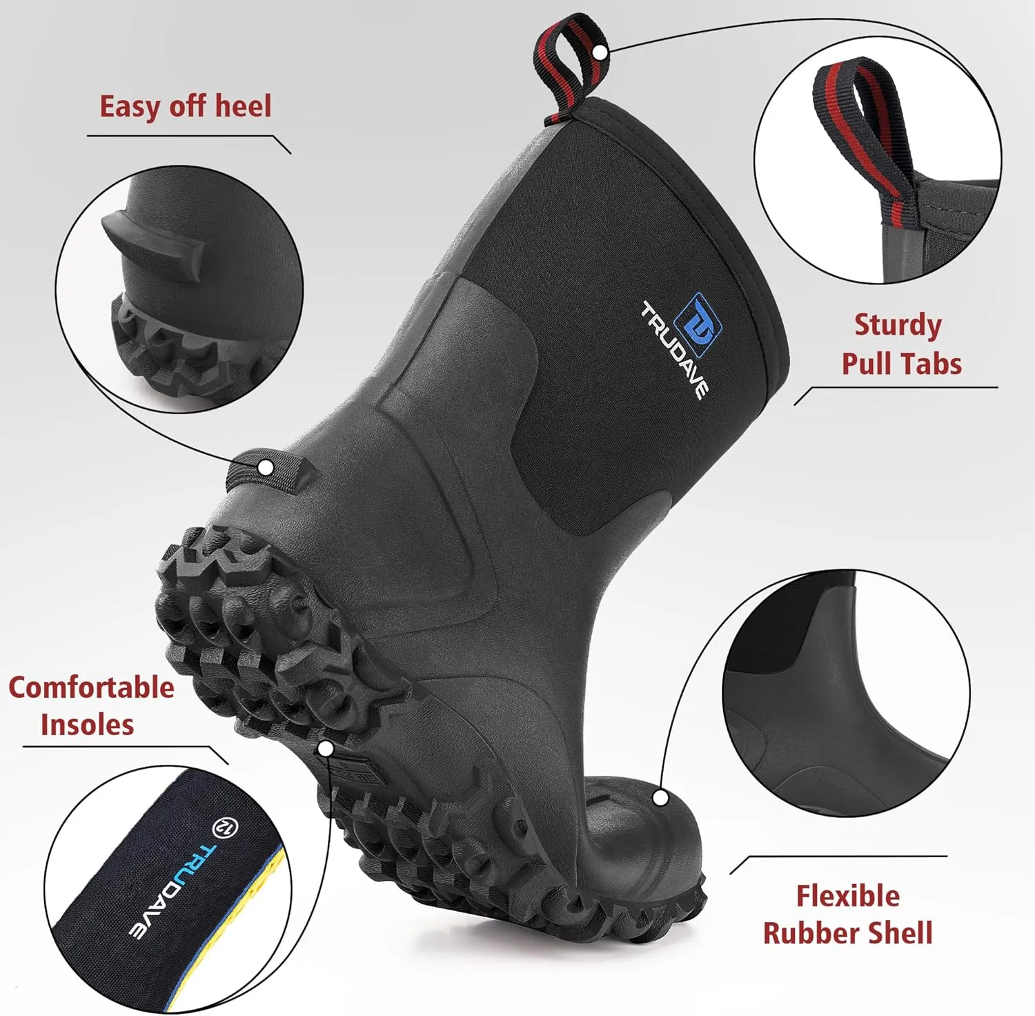 Rubber Boots for Men, 6mm Neoprene Insulated Mud Boots with Steel Shank, Men's Mid Calf Waterproof Rain Boots,Anti-Slip Rubber Work Boots for Farming Gardening Fishing,Size 7-13