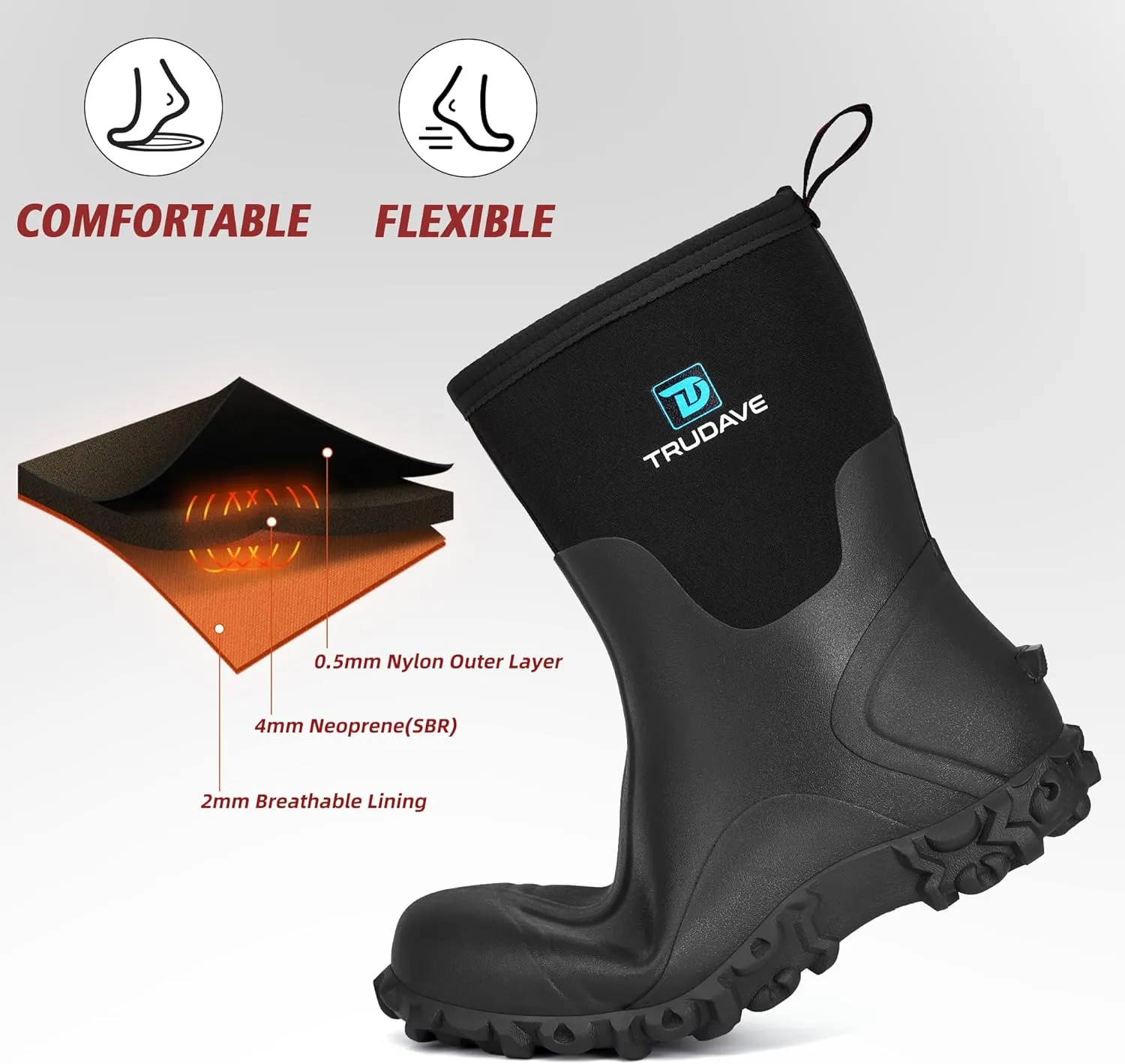 Rubber Boots for Men, 6mm Neoprene Insulated Mud Boots with Steel Shank, Men's Mid Calf Waterproof Rain Boots,Anti-Slip Rubber Work Boots for Farming Gardening Fishing,Size 7-13