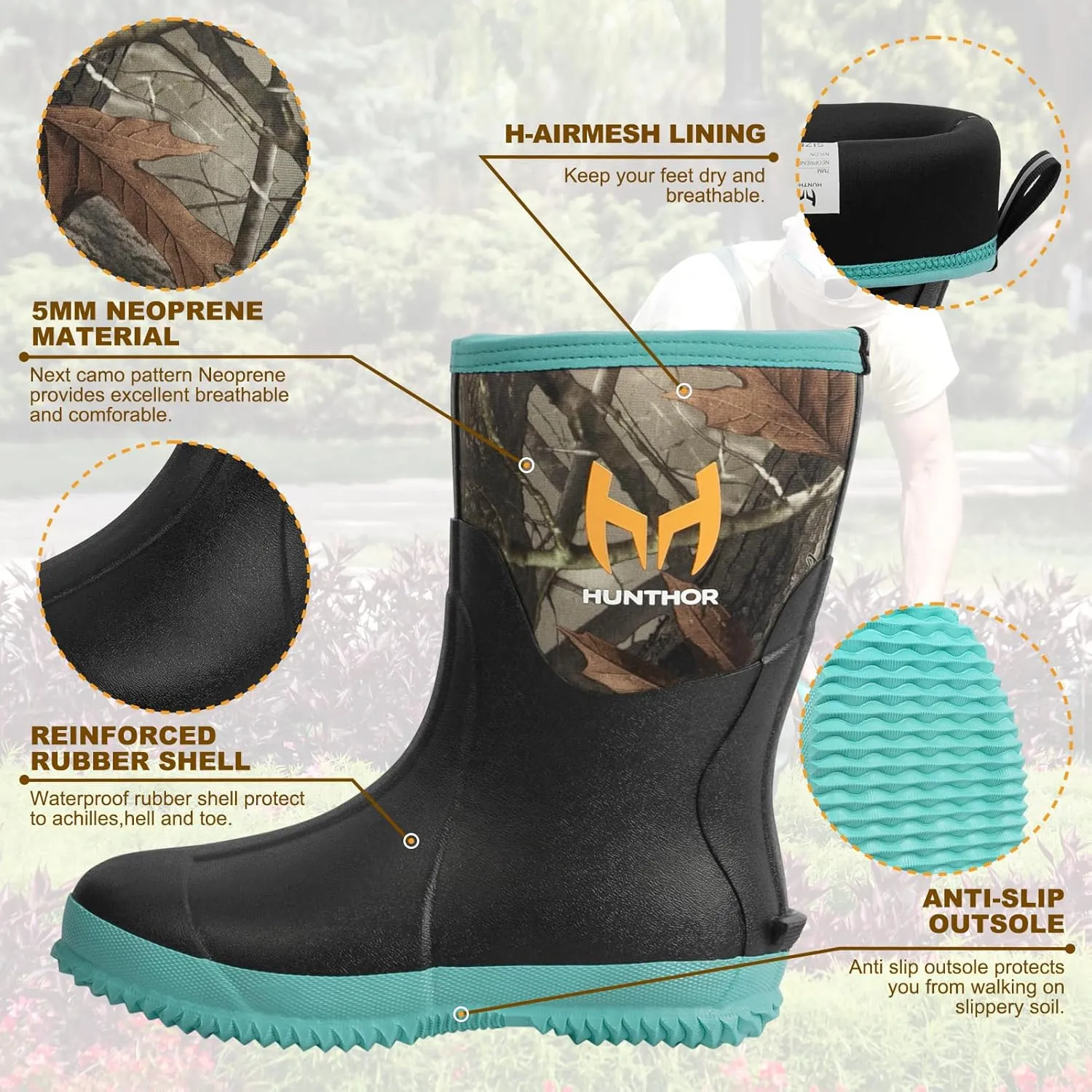 Rubber Boots for Women, 5mm Neoprene Insulated Waterproof Rain Boots with Steel Shank, Mid Calf Hunting Shoes for Faming Gardening Mud Work (Size 5-11)