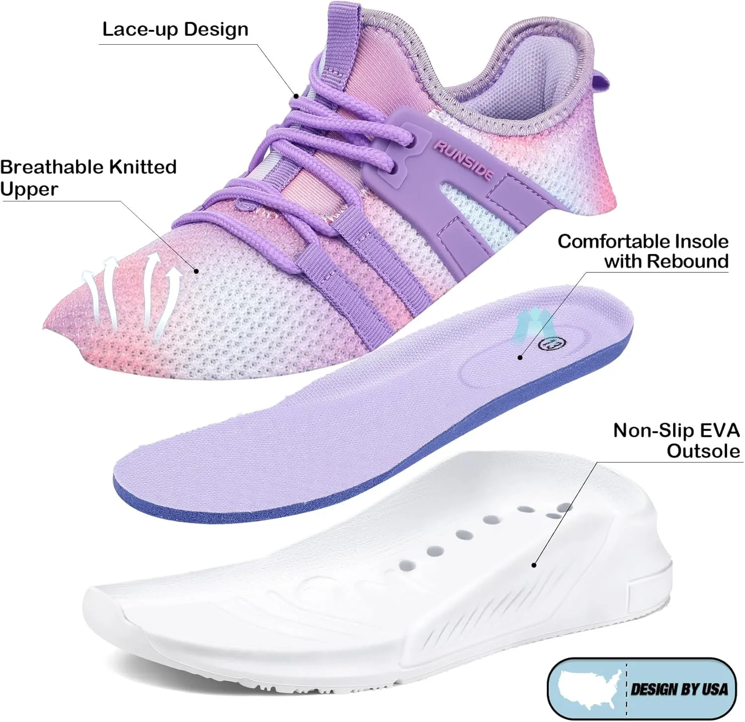 RUNSIDE Girls Tennis Shoes Lightweight Sports Kids Sneakers Lace-up for Running/Walking, Toddler/Little Kid/Big Kid