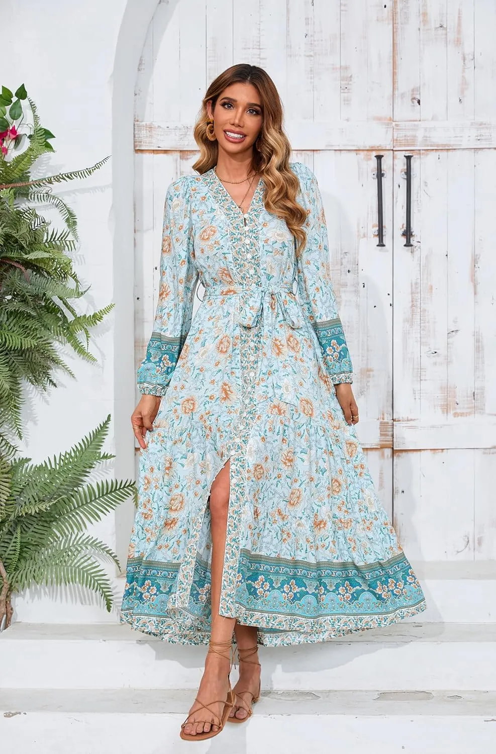 R.Vivimos Women's Long Sleeve Boho Midi Dress V Neck Floral Print Casual Button Down Loose Ruffle Beach Long Dress with Belt