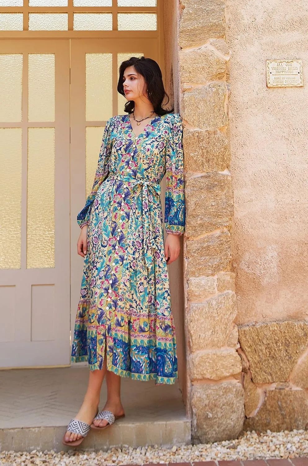 R.Vivimos Women's Long Sleeve Boho Midi Dress V Neck Floral Print Casual Button Down Loose Ruffle Beach Long Dress with Belt