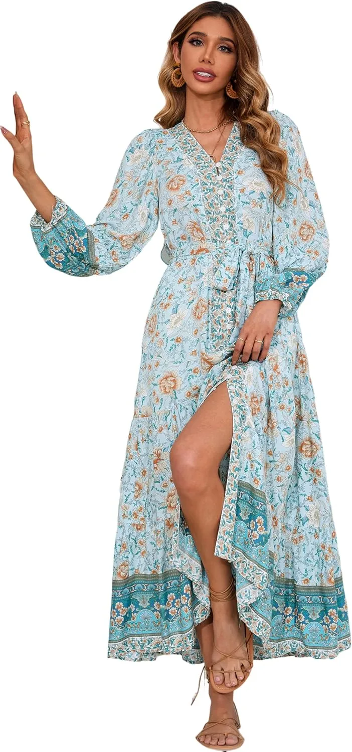 R.Vivimos Women's Long Sleeve Boho Midi Dress V Neck Floral Print Casual Button Down Loose Ruffle Beach Long Dress with Belt