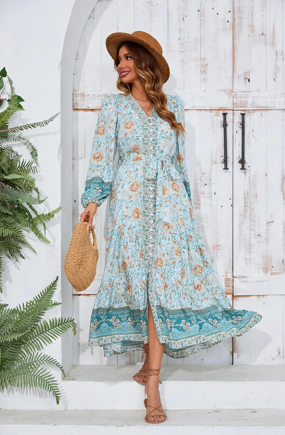 R.Vivimos Women's Long Sleeve Boho Midi Dress V Neck Floral Print Casual Button Down Loose Ruffle Beach Long Dress with Belt