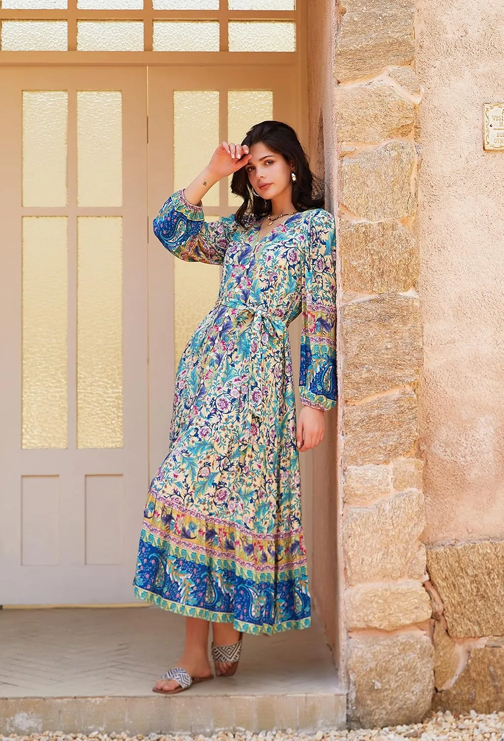 R.Vivimos Women's Long Sleeve Boho Midi Dress V Neck Floral Print Casual Button Down Loose Ruffle Beach Long Dress with Belt
