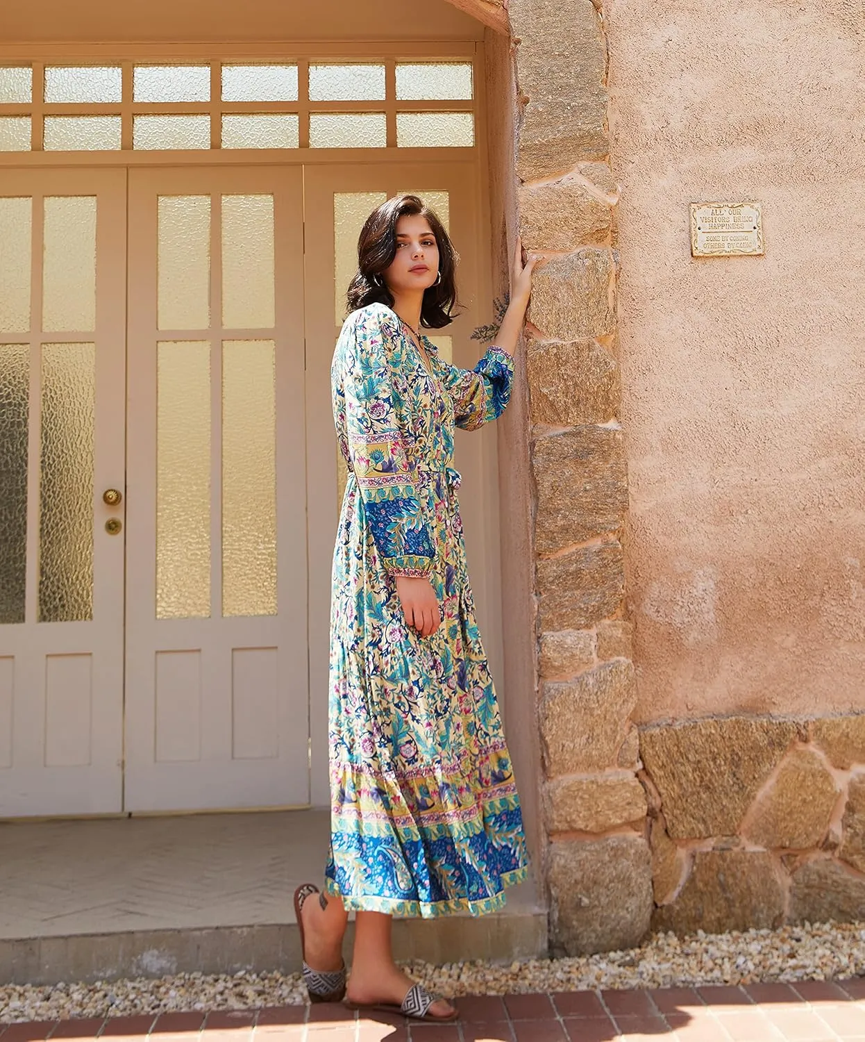 R.Vivimos Women's Long Sleeve Boho Midi Dress V Neck Floral Print Casual Button Down Loose Ruffle Beach Long Dress with Belt
