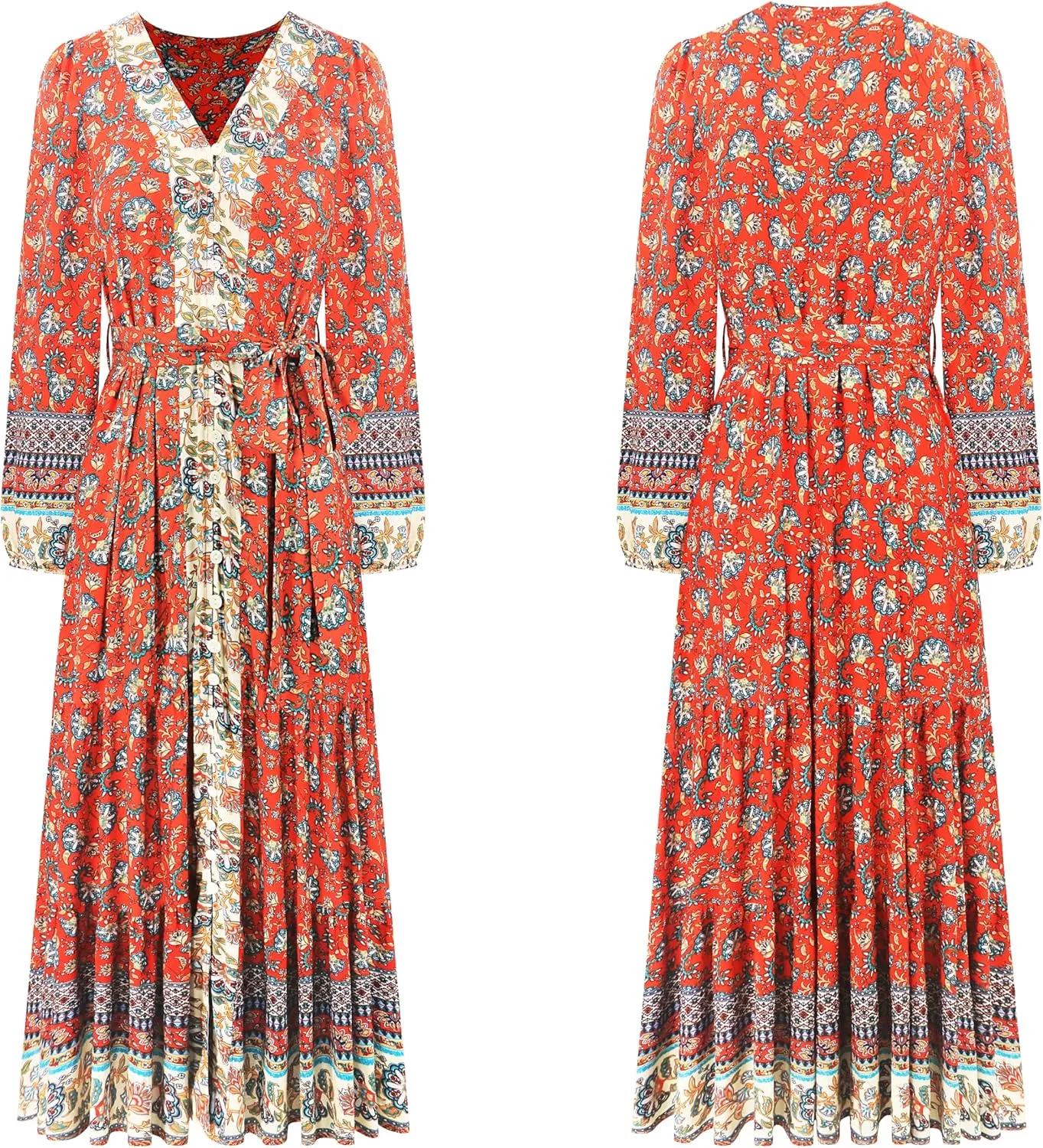 R.Vivimos Women's Long Sleeve Boho Midi Dress V Neck Floral Print Casual Button Down Loose Ruffle Beach Long Dress with Belt