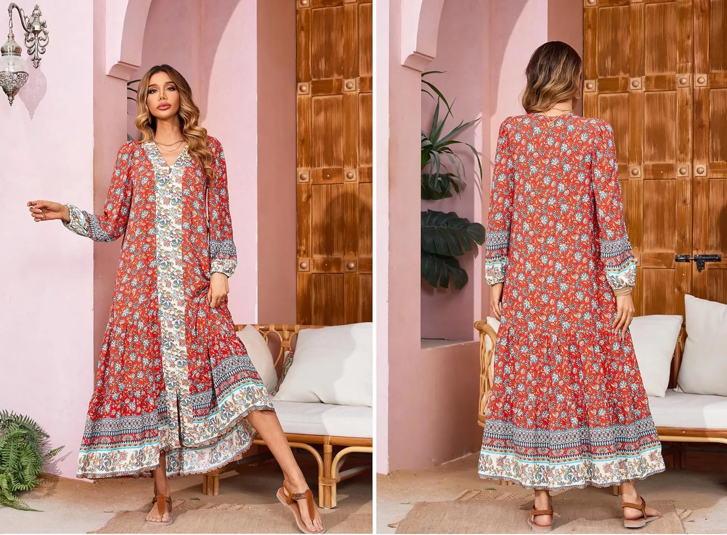 R.Vivimos Women's Long Sleeve Boho Midi Dress V Neck Floral Print Casual Button Down Loose Ruffle Beach Long Dress with Belt