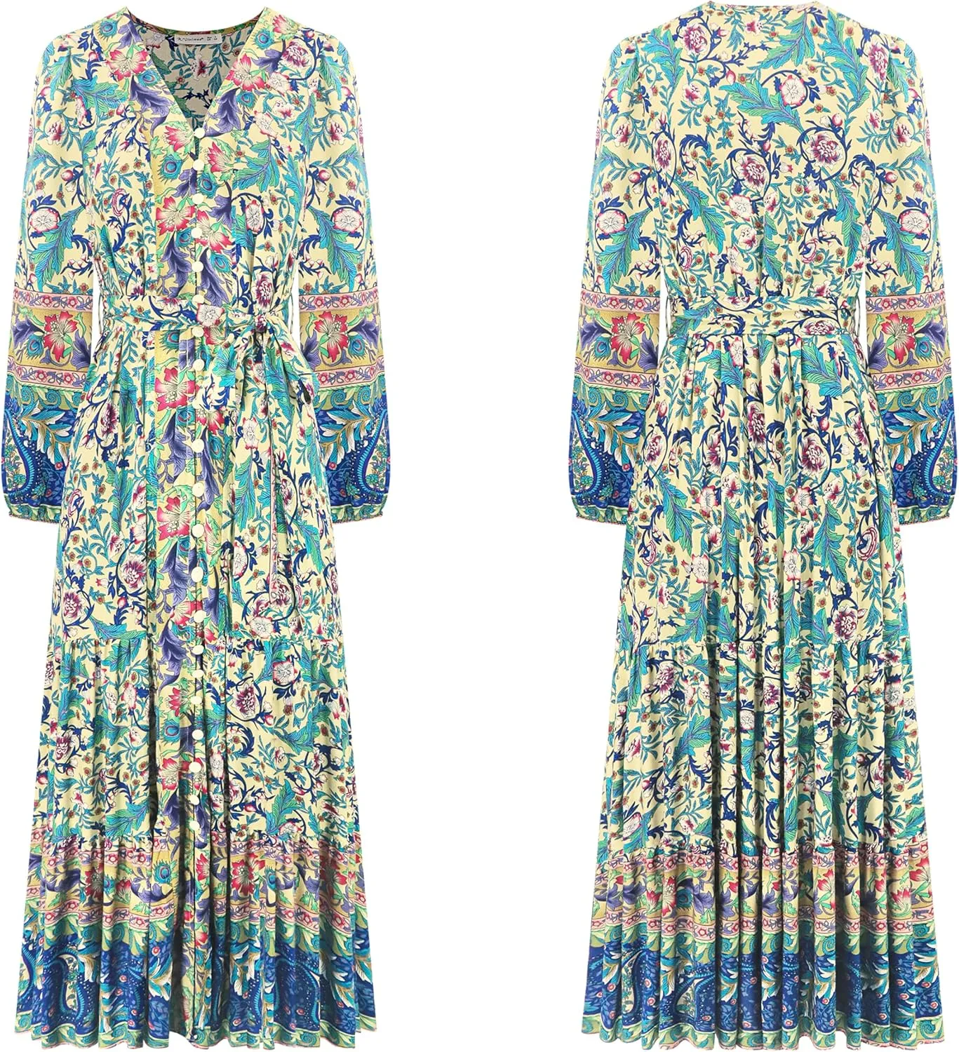 R.Vivimos Women's Long Sleeve Boho Midi Dress V Neck Floral Print Casual Button Down Loose Ruffle Beach Long Dress with Belt