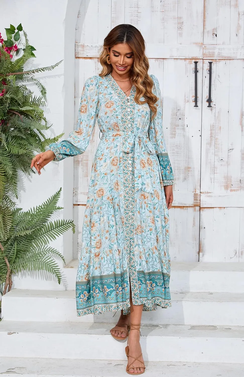 R.Vivimos Women's Long Sleeve Boho Midi Dress V Neck Floral Print Casual Button Down Loose Ruffle Beach Long Dress with Belt