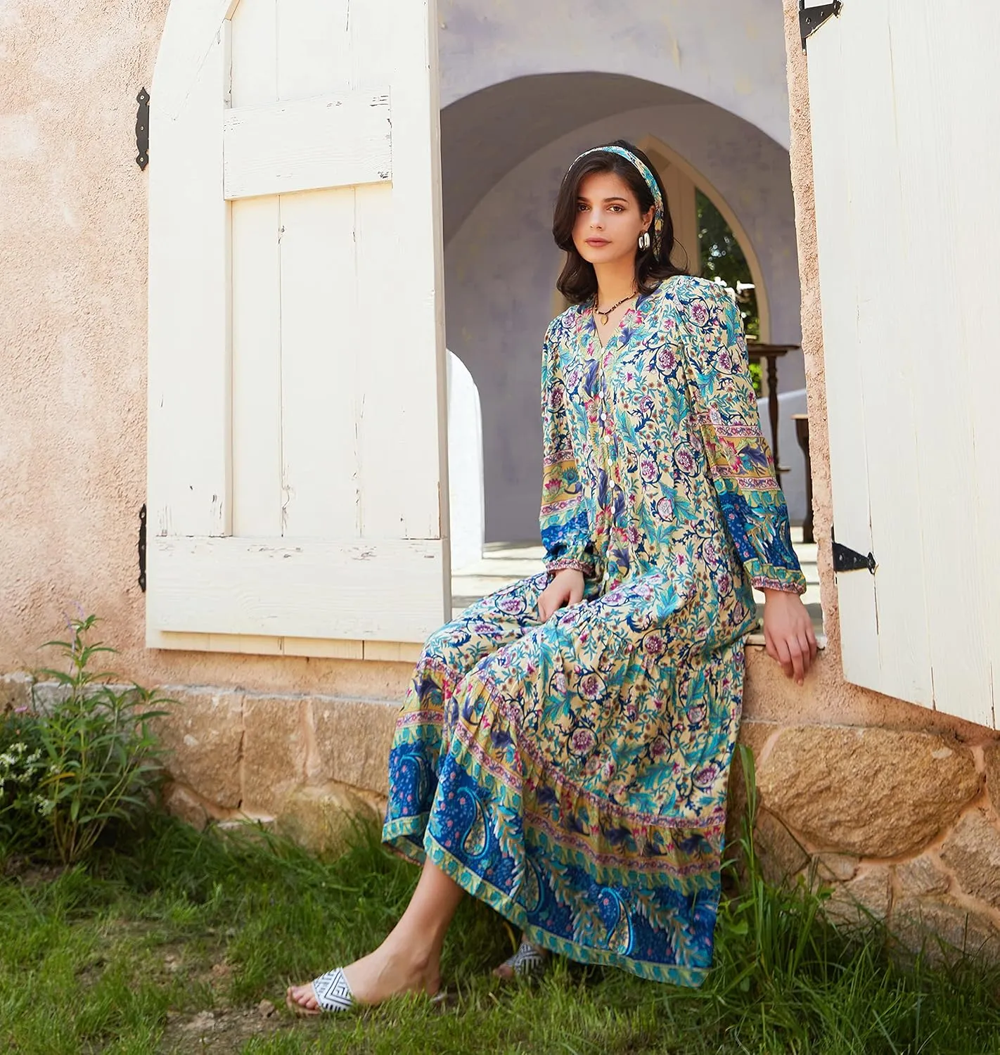 R.Vivimos Women's Long Sleeve Boho Midi Dress V Neck Floral Print Casual Button Down Loose Ruffle Beach Long Dress with Belt