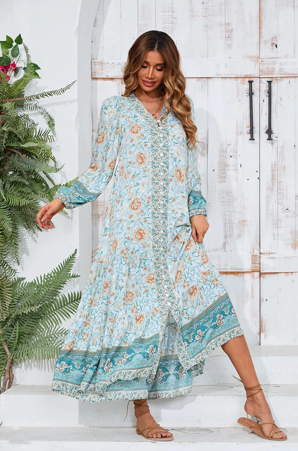 R.Vivimos Women's Long Sleeve Boho Midi Dress V Neck Floral Print Casual Button Down Loose Ruffle Beach Long Dress with Belt