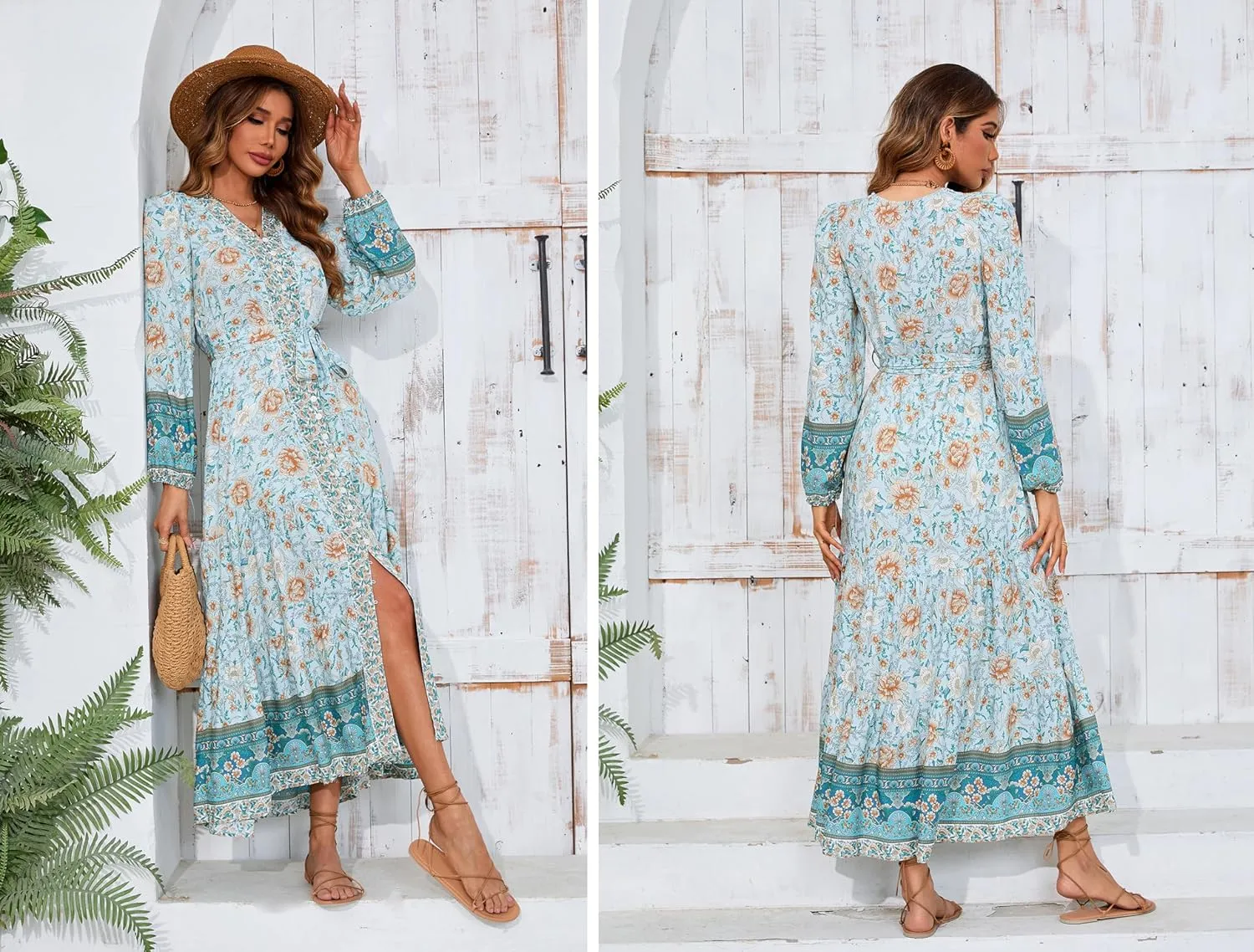 R.Vivimos Women's Long Sleeve Boho Midi Dress V Neck Floral Print Casual Button Down Loose Ruffle Beach Long Dress with Belt