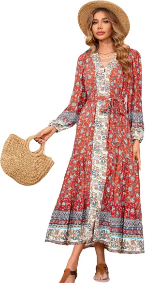R.Vivimos Women's Long Sleeve Boho Midi Dress V Neck Floral Print Casual Button Down Loose Ruffle Beach Long Dress with Belt