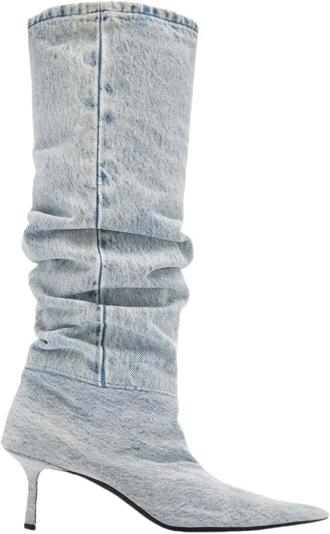 Saint Leia Women's Knee High Boots Pointed Toe Denim 2.76Inch Stiletto Heel Boots