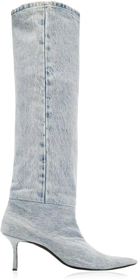 Saint Leia Women's Knee High Boots Pointed Toe Denim 2.76Inch Stiletto Heel Boots