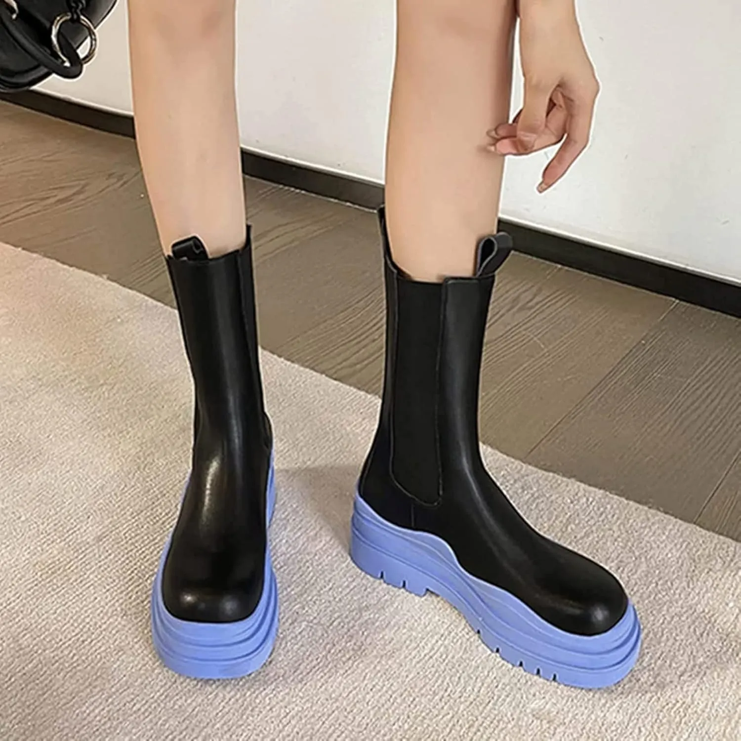 SANIOOOI Women Platform Chelsea Bootie,Fashion Mid Calf Boots Chunky Double Heel Round Toe Slip on Thick Sole