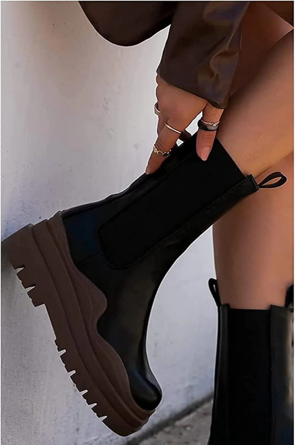 SANIOOOI Women Platform Chelsea Bootie,Fashion Mid Calf Boots Chunky Double Heel Round Toe Slip on Thick Sole