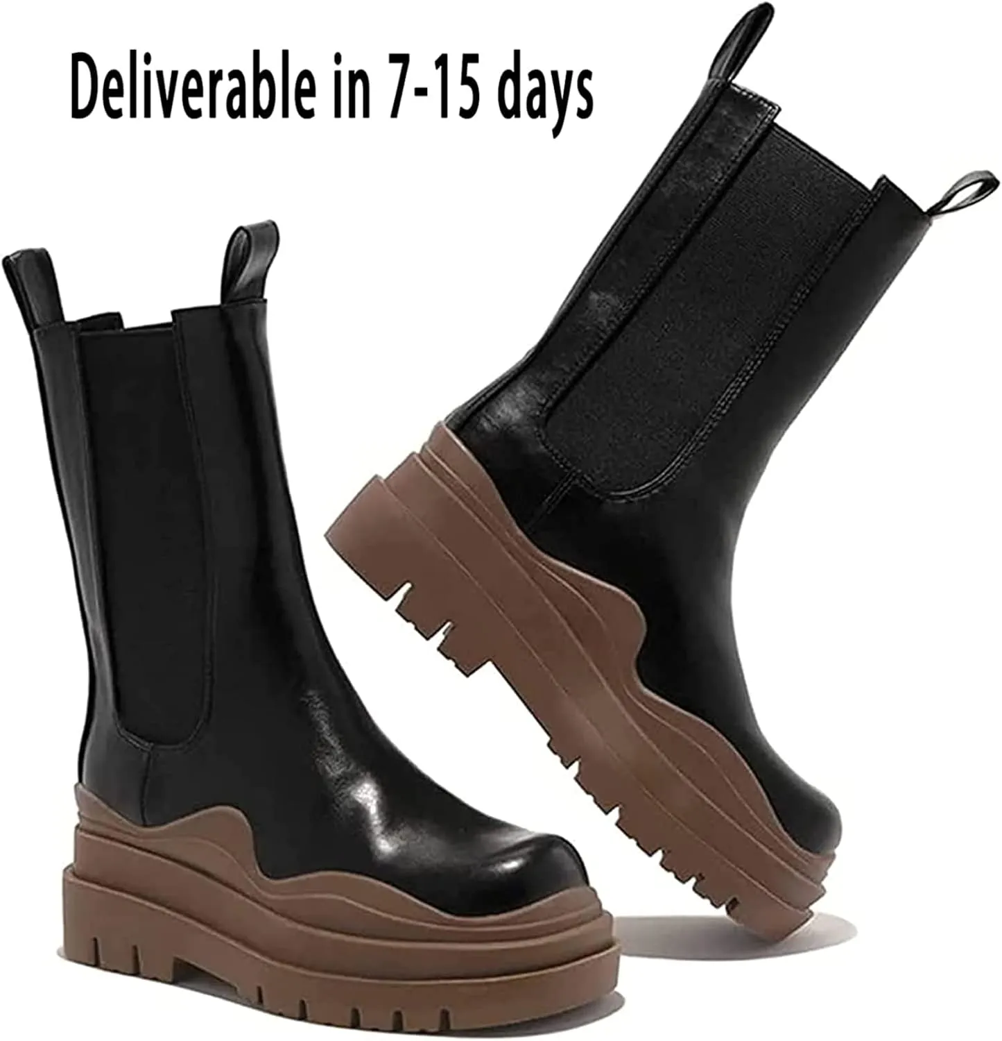 SANIOOOI Women Platform Chelsea Bootie,Fashion Mid Calf Boots Chunky Double Heel Round Toe Slip on Thick Sole
