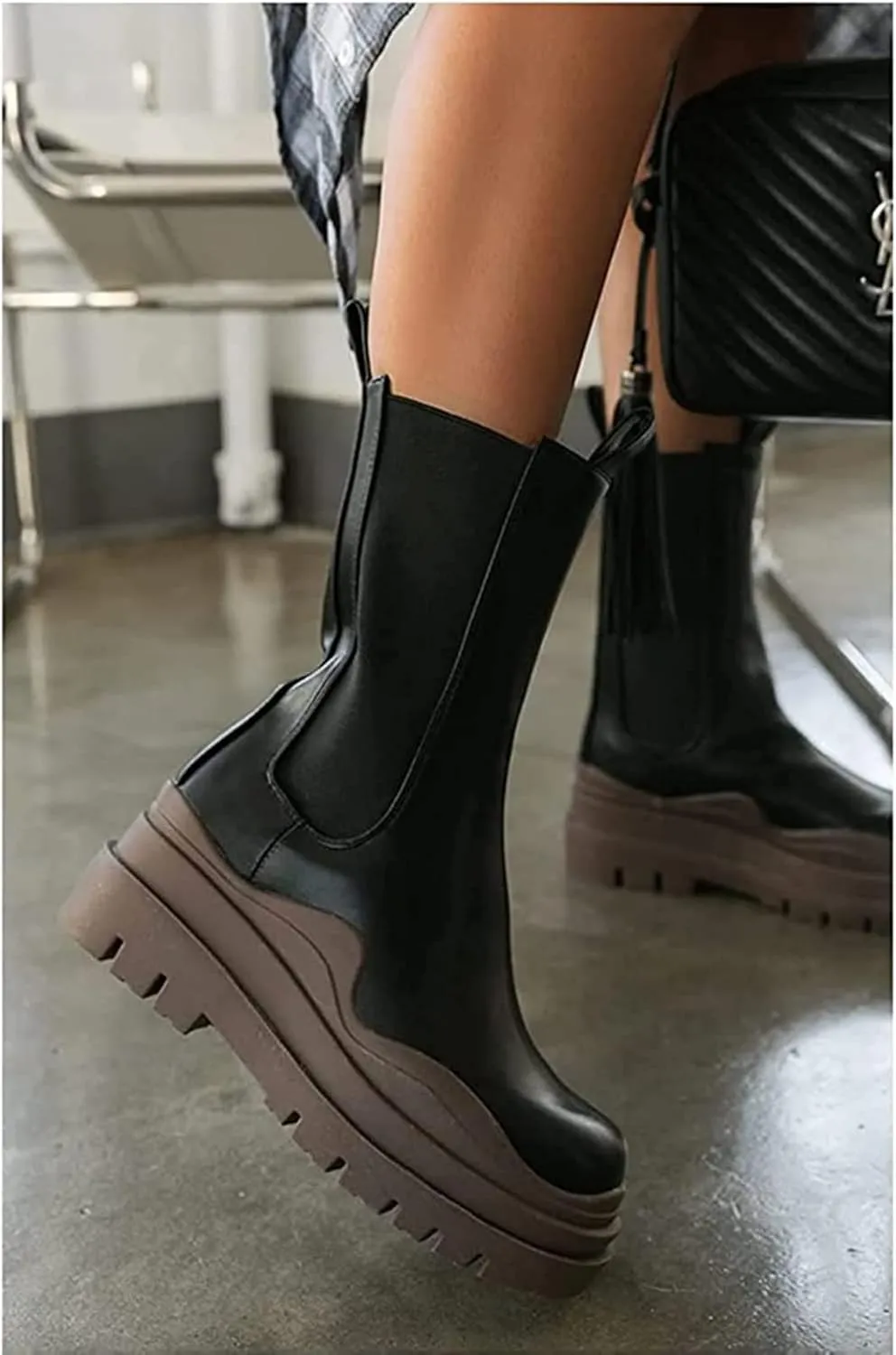 SANIOOOI Women Platform Chelsea Bootie,Fashion Mid Calf Boots Chunky Double Heel Round Toe Slip on Thick Sole