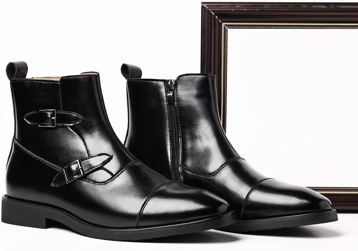 Santimon Men's Buckle Leather Formal Dress Boots Side Zipper, Cap Toe Casual Ankle Boots