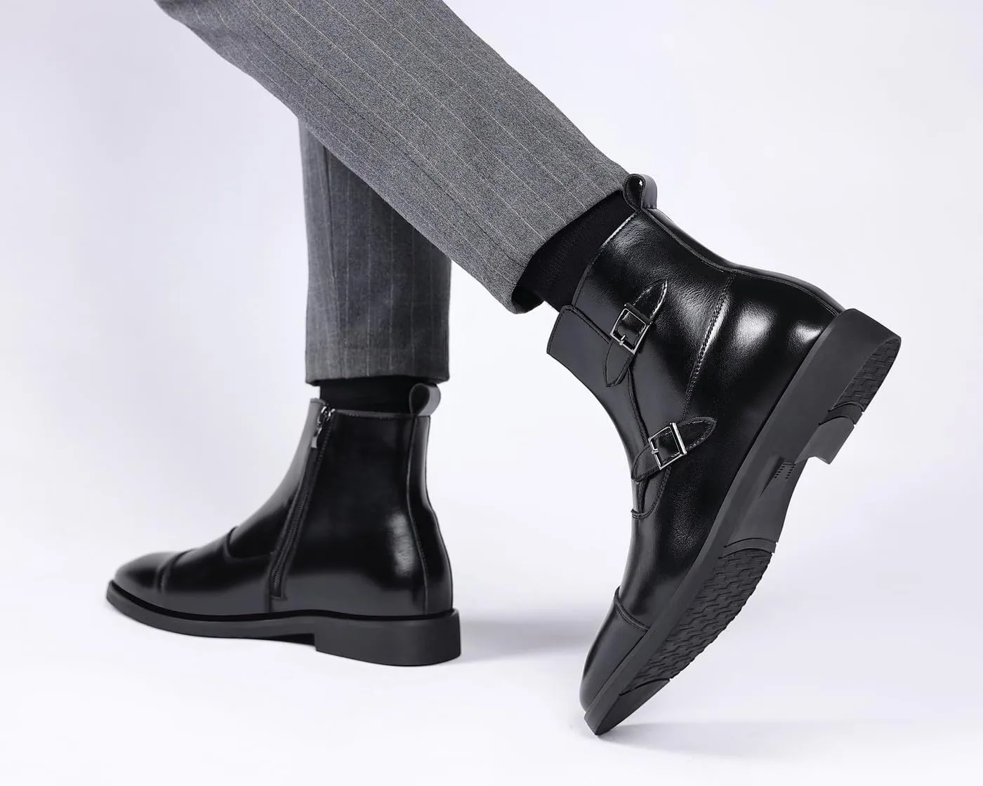 Santimon Men's Buckle Leather Formal Dress Boots Side Zipper, Cap Toe Casual Ankle Boots