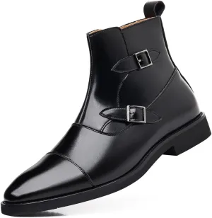 Santimon Men's Buckle Leather Formal Dress Boots Side Zipper, Cap Toe Casual Ankle Boots