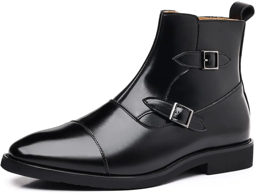 Santimon Men's Buckle Leather Formal Dress Boots Side Zipper, Cap Toe Casual Ankle Boots