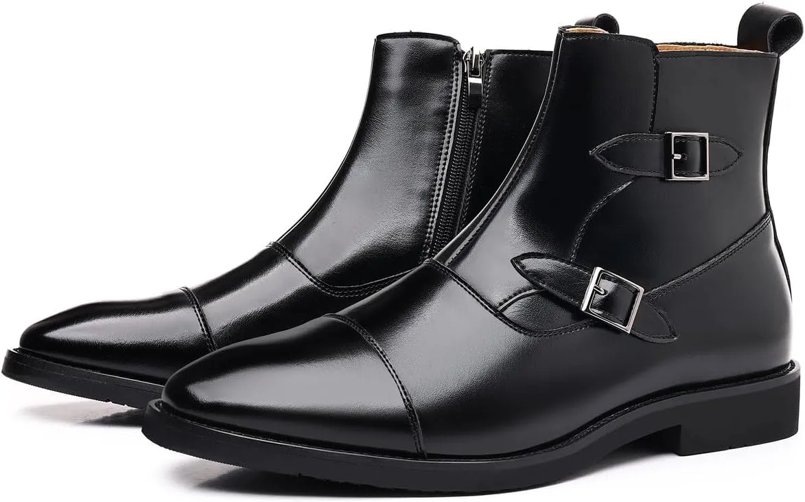 Santimon Men's Buckle Leather Formal Dress Boots Side Zipper, Cap Toe Casual Ankle Boots