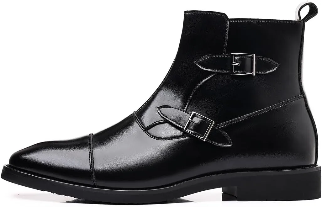 Santimon Men's Buckle Leather Formal Dress Boots Side Zipper, Cap Toe Casual Ankle Boots
