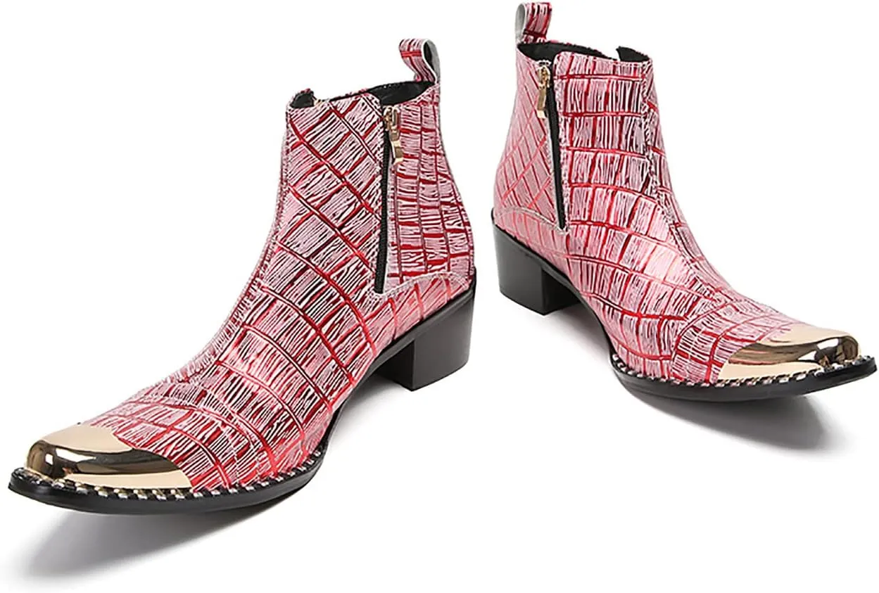 Santimon Mens Chelsea Boots Party Dress Casual Leather Metal Tip Toe Cowboy Boots Fashion Two-Sided Zipper Plaid Handmade Western Boots