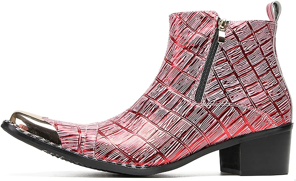 Santimon Mens Chelsea Boots Party Dress Casual Leather Metal Tip Toe Cowboy Boots Fashion Two-Sided Zipper Plaid Handmade Western Boots