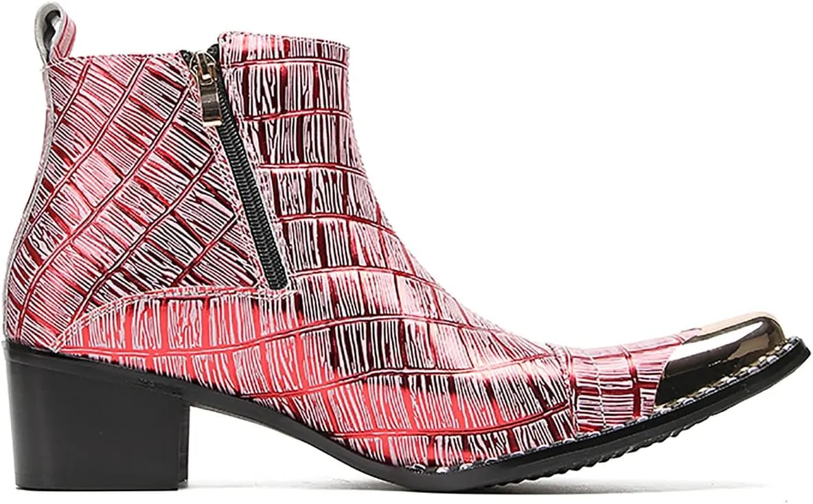Santimon Mens Chelsea Boots Party Dress Casual Leather Metal Tip Toe Cowboy Boots Fashion Two-Sided Zipper Plaid Handmade Western Boots