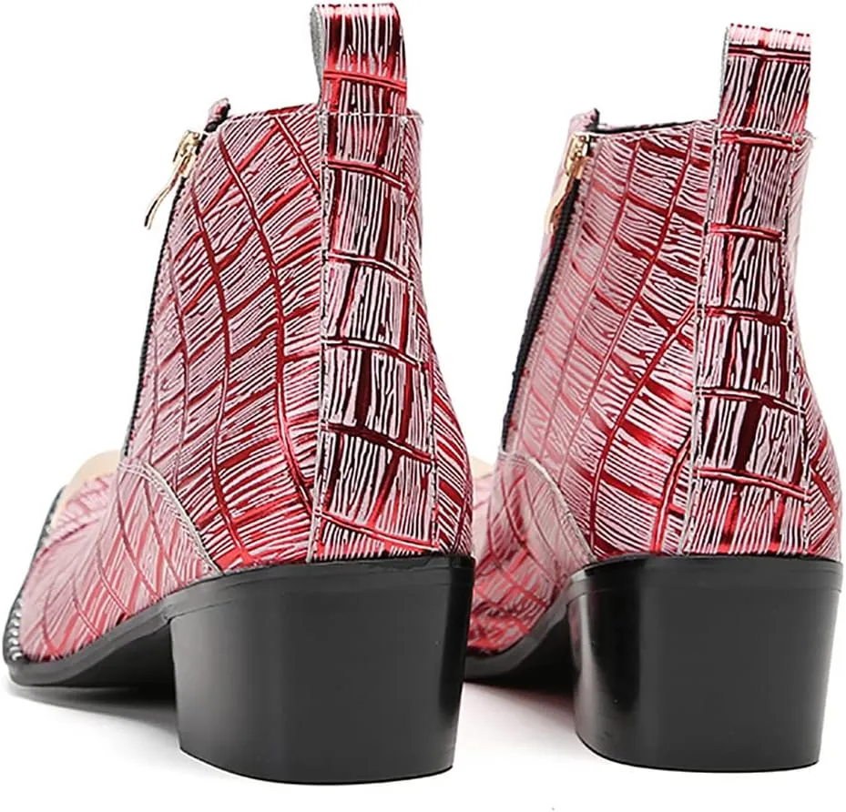 Santimon Mens Chelsea Boots Party Dress Casual Leather Metal Tip Toe Cowboy Boots Fashion Two-Sided Zipper Plaid Handmade Western Boots