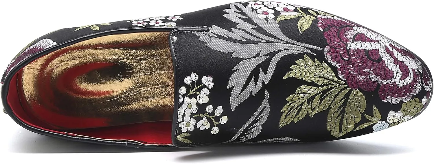 Santimon Mens Dress Shoes Smoking Slippers Casual Bow Slip-on Embroidery Flats Penny-Loafers Black Red
