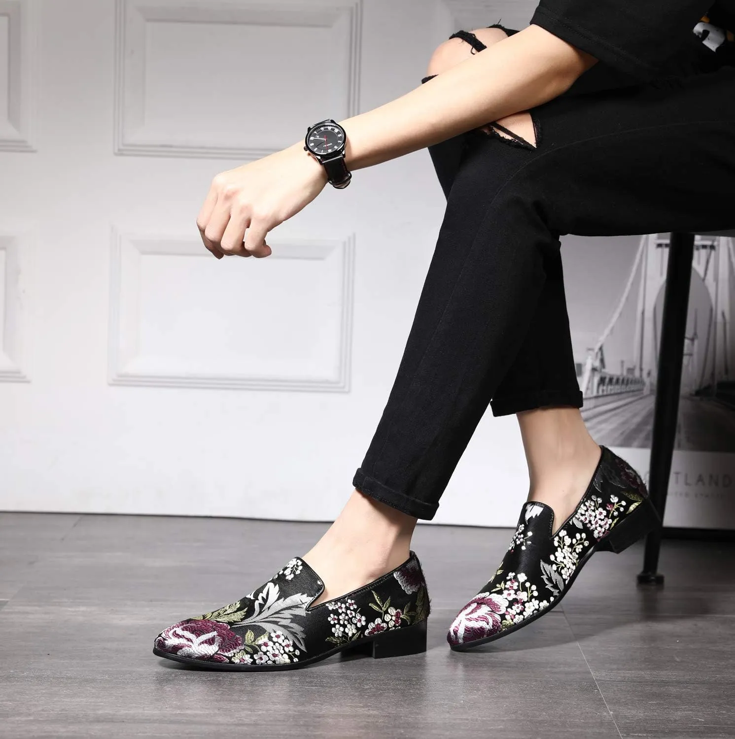 Santimon Mens Dress Shoes Smoking Slippers Casual Bow Slip-on Embroidery Flats Penny-Loafers Black Red