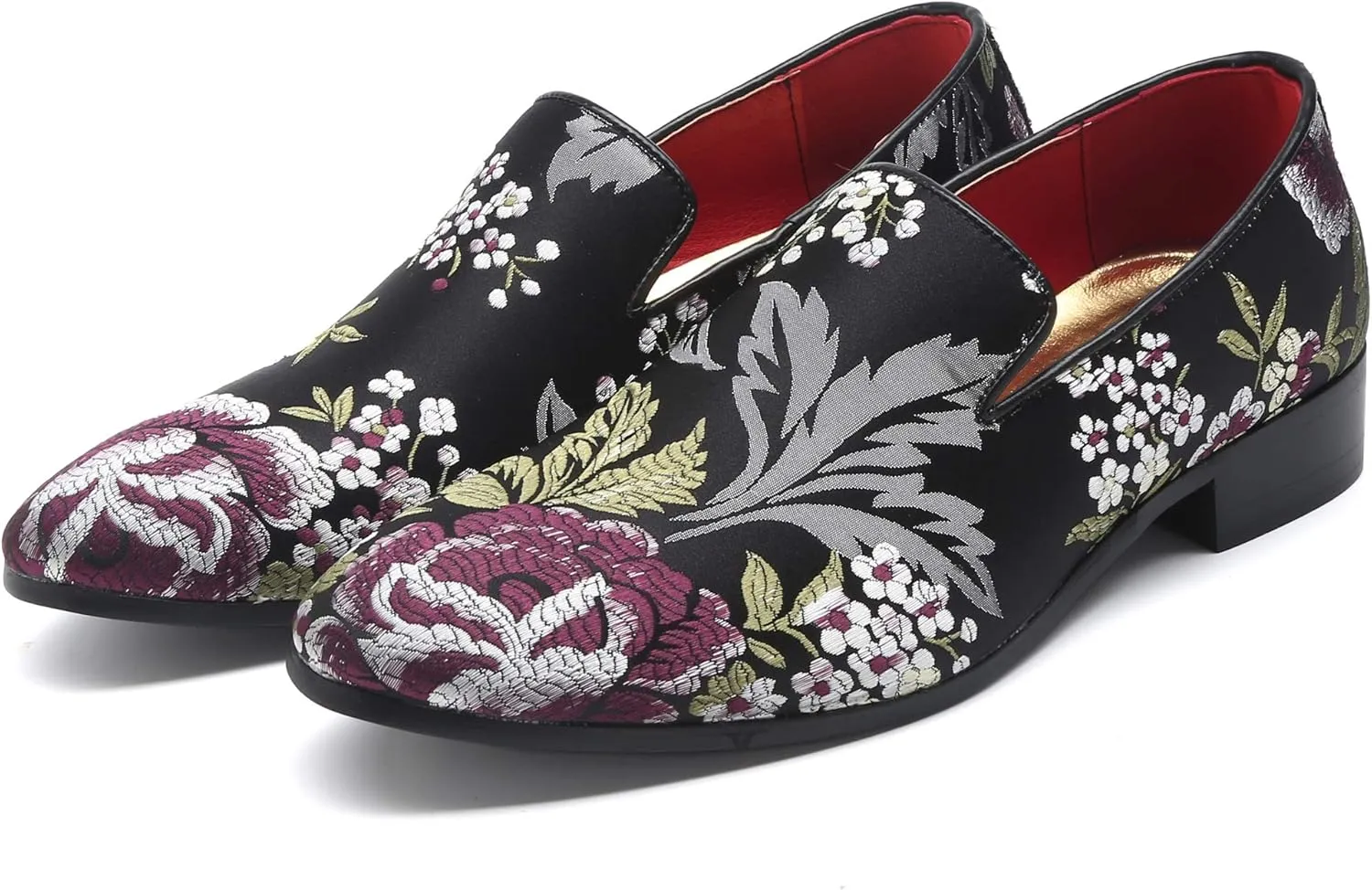 Santimon Mens Dress Shoes Smoking Slippers Casual Bow Slip-on Embroidery Flats Penny-Loafers Black Red