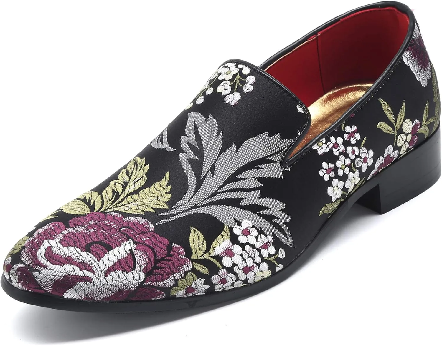 Santimon Mens Dress Shoes Smoking Slippers Casual Bow Slip-on Embroidery Flats Penny-Loafers Black Red